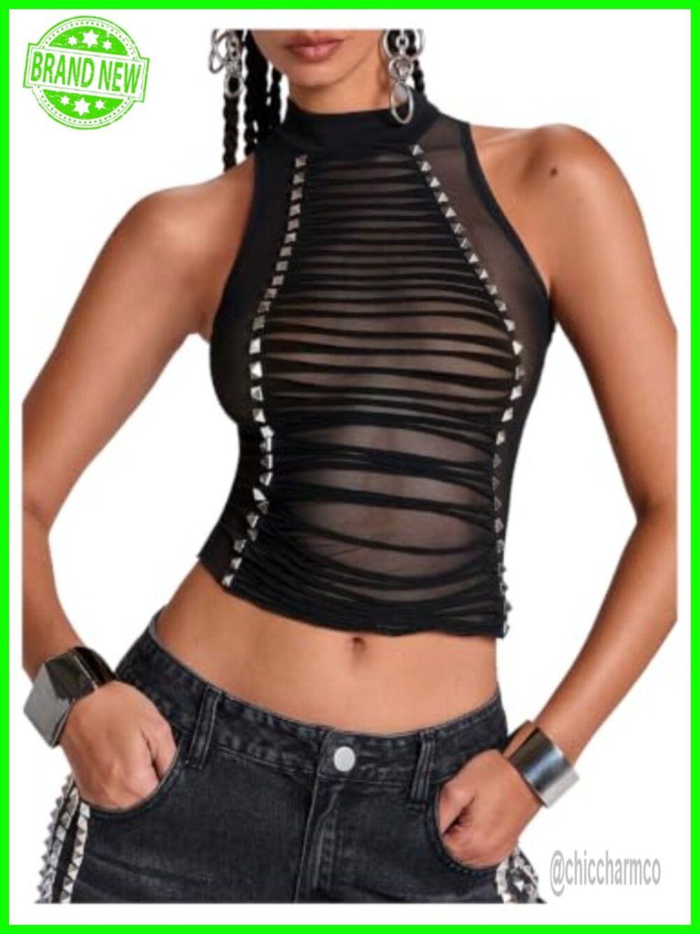 Sheer Mesh Studded Tank Top Lace Up Grunge Y2K Party Cami